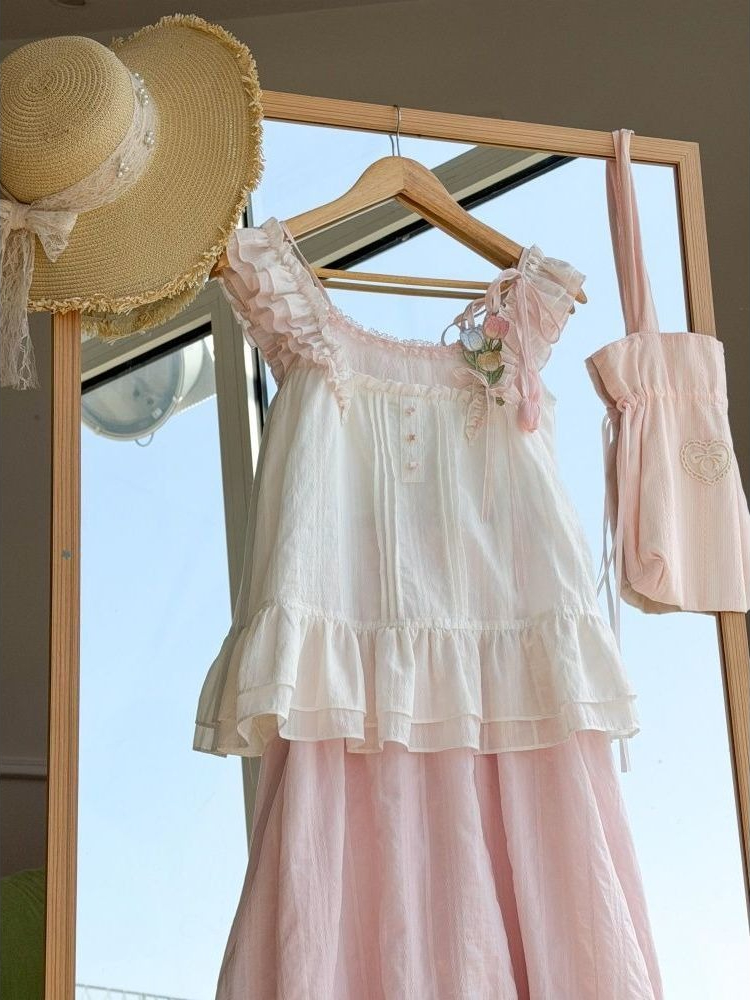 甘いかわいいフリルトリムチューリップ装飾ツーピースセット女性 - Fly Line のレビューと価格