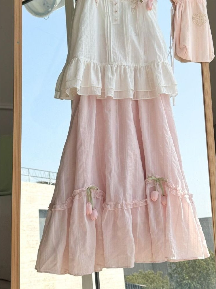 甘いかわいいフリルトリムチューリップ装飾ツーピースセット女性 - Fly Line のレビューと価格